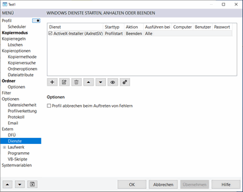 AllSync Profileigenschaften - Windowsdienste starten, beenden oder anhalten